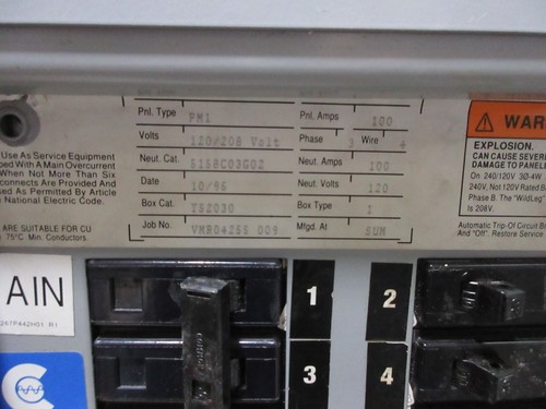 Challenger PM1 Panelboard CBB3100H Main Breaker 120/208 Volt 3PH4W ...