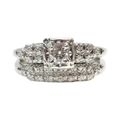 0.75Ct Old Mine Cut Round Simulated Diamond Art Deco Ring Set White Gold Plated