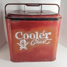 Vintage 1950s Lovell Manufacturing Red Metal Cooler Chest Ice Box Eskimo 1957