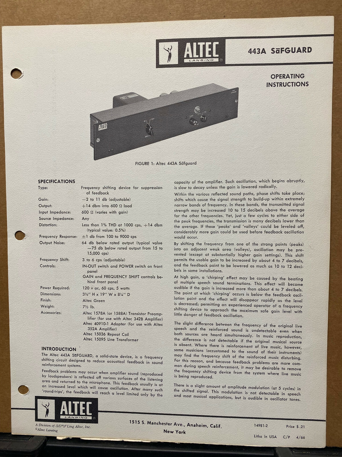 Operating Instruction Manual ~ Altec 443A Safguard~ Service Schematic