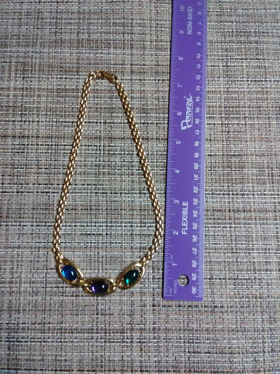 Trifari TM purple blue green gold tone necklace