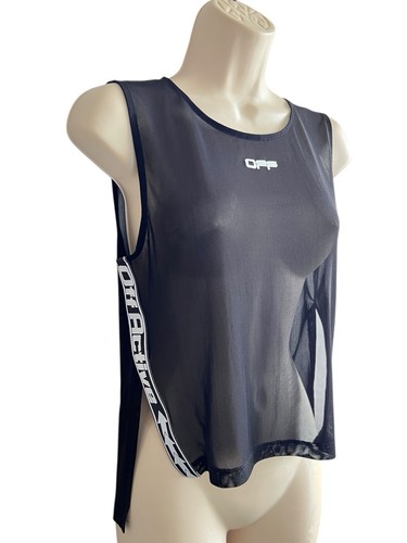Off White Active Damen Logo Mesh Tank Top asymmetrischer Saum Schlitze Seiten Gr. S