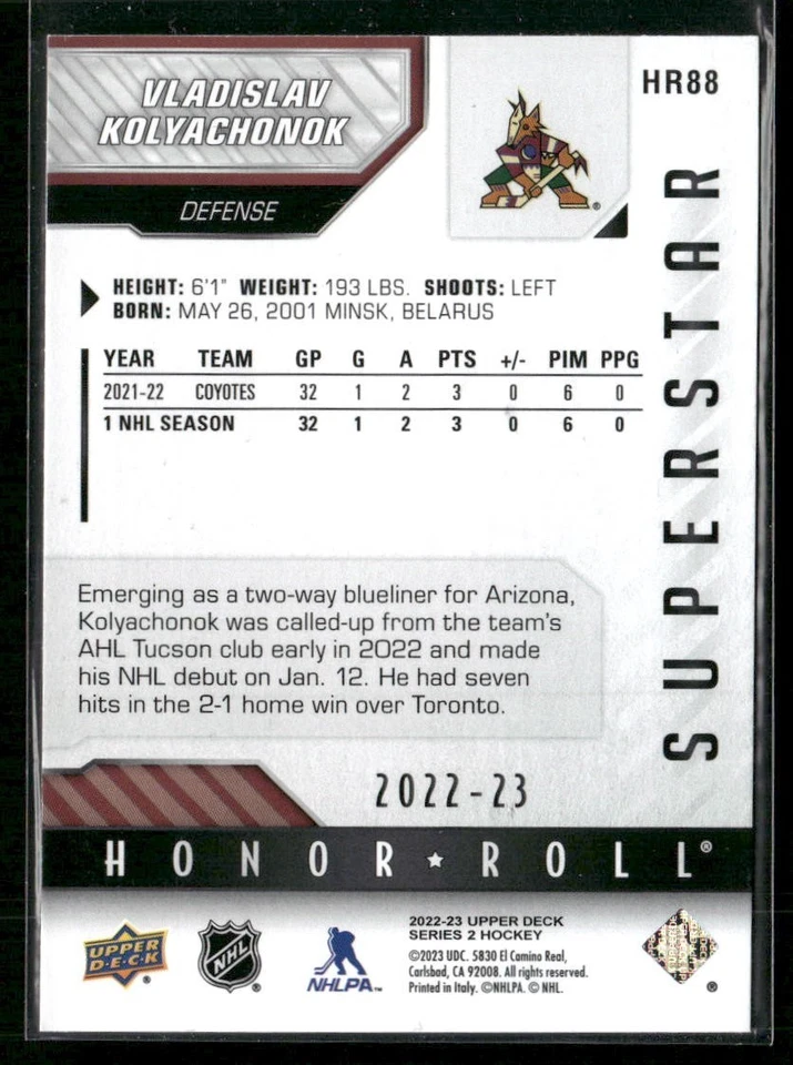 2022-23 Upper Deck Series 2 - Honor Roll Vladislav Kolyachonok #HR88 (RC) - Image 2 of 2