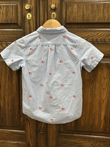 Janie And Jack Blue Oxford Short Sleeve Button Up American Flag Sz 7 - Picture 2 of 5