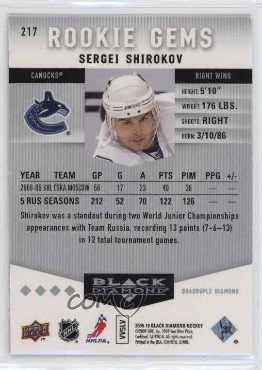 2009-10 Upper Deck Black Diamond Rookie Gems Sergei Shirokov #217 Rookie RC - Image 2 of 2