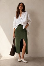 Free People Better Days Ribbed Knit Midi Skirt Green Front Slit Medium
