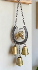 NEW metal HORSE HORSESHOE Wind Chimes with 3 bells RUSTIC IRON Small Windchimes