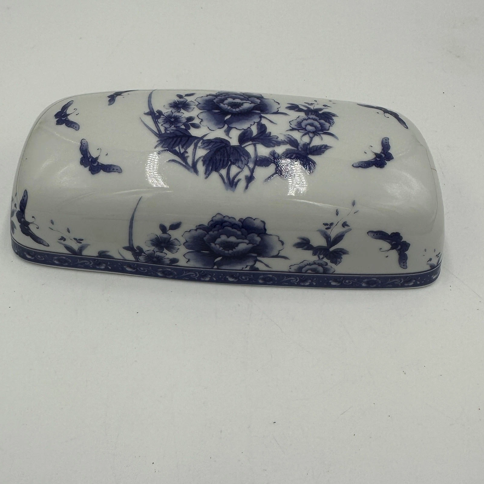 Ceramic Butter Dish Cover 6.5” White Blue Floral Rectangle Shape TOP ONLY