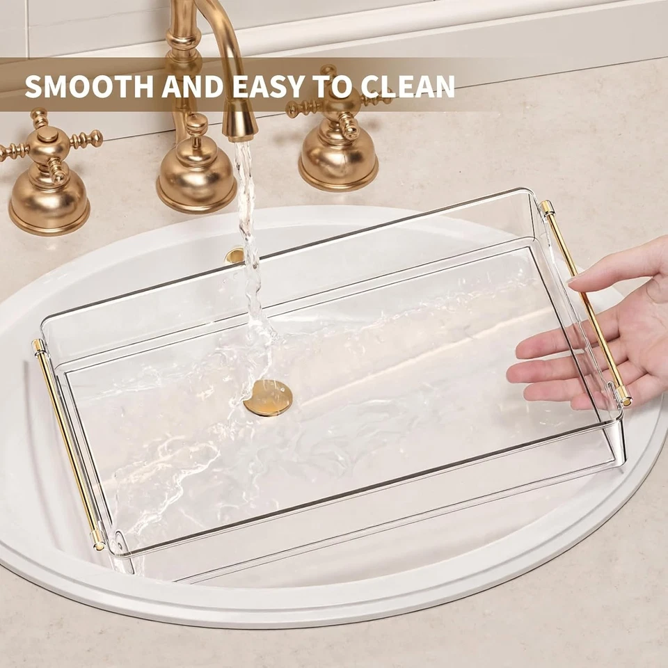 Juego de 3 bandejas transparentes para servir con asas doradas bandejas de fiesta de plástico a prueba de derrames Foto 3 de 4