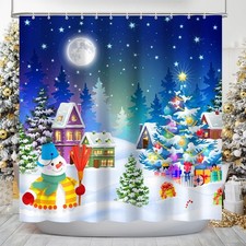 Christmas Holiday Winter Snowman Xmas Tree Santa Shower Curtain Blue Fabric P...
