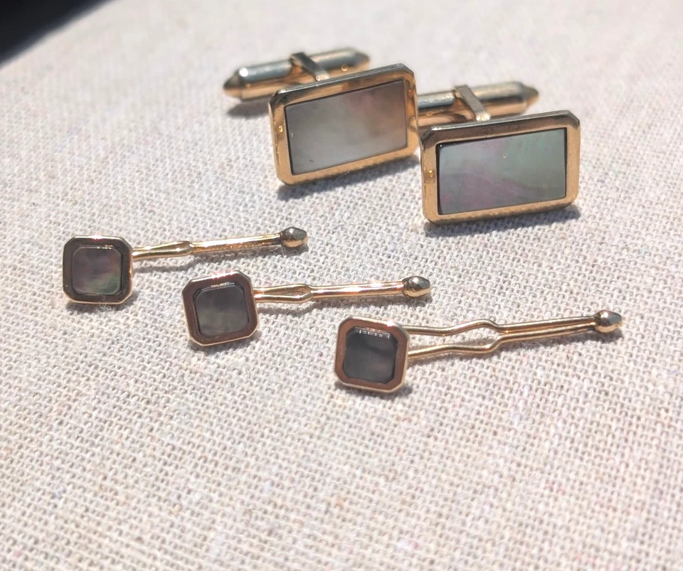 Juego de esmoquin Krementz abulón mop chapado en oro gemelos rectangulares 3 camisas tachuelas Foto 3 de 4