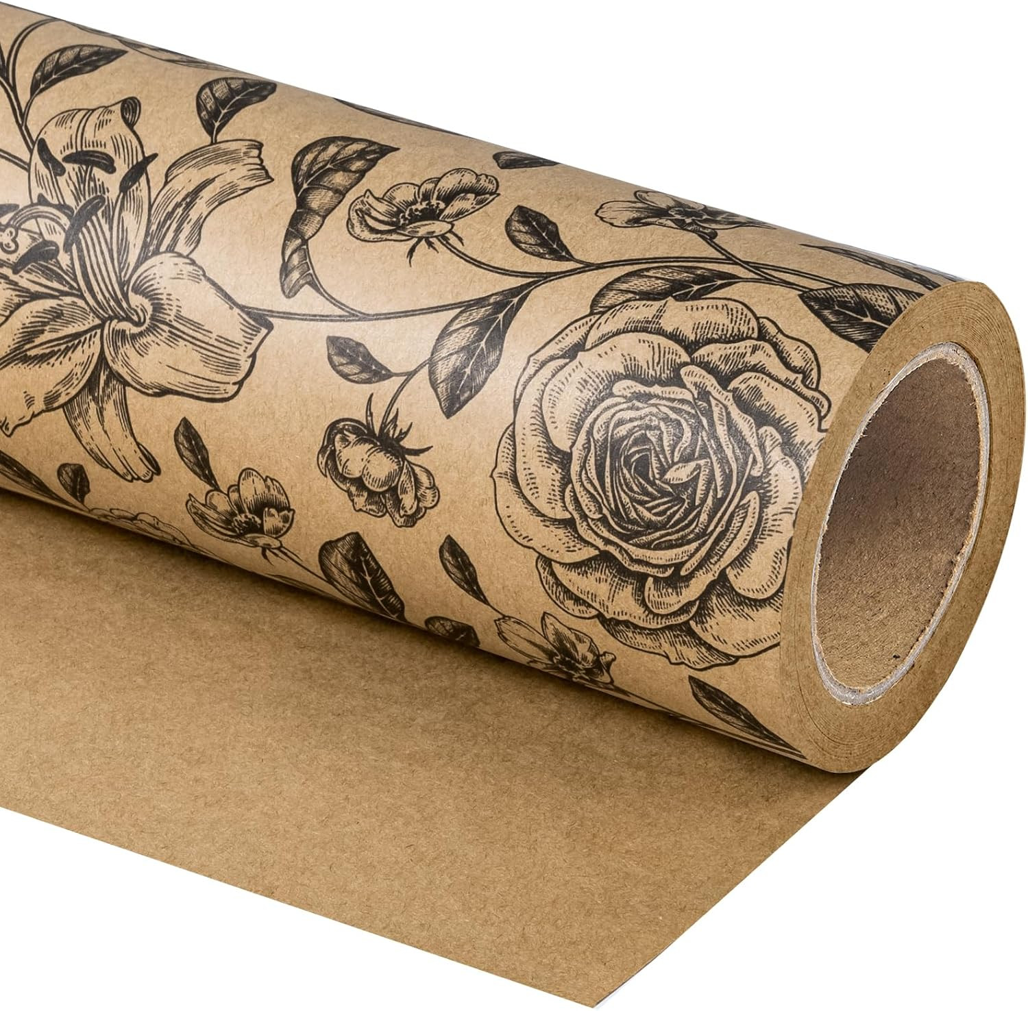 Kraft Floral Wrapping Paper Roll - Mini Roll - 17 Inch x 33 Feet - Vintage Black