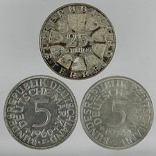 3x Silver: 2x 5 DM 1960F + 1974D Silver Eagle West Germany + 50 Schillings 1970 Austria