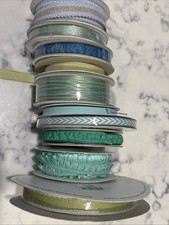 STAMPIN UP Ribbon Lot of 9, Blue  Green, Ruched Sheer Linen, Textile Ruffle
