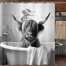 Funny Highland Cow Shower Curtain, Western Farmhouse Cattle Fun Shower Curtai...
