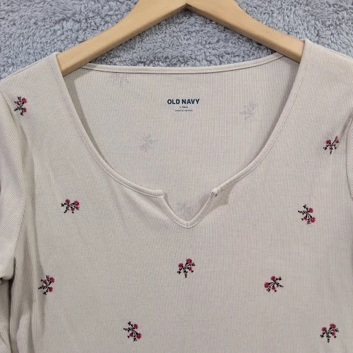 Antigua Camiseta Azul Marino Ajustada Manga Larga Tejida Acanalada Avena/Crema Grande Alta Floral Foto 2 de 4