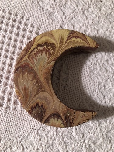 Small Marbelized Paper Wrapped Crescent Moon Trinket Box VTG Handmade