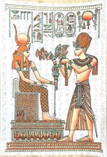Handmade Egyptian Papyrus Painting Pharaoh Offering Lotuses to Isis 17x12