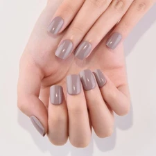 evpct Acrylic Taupe Glossy Press on Nails Short Square, Glossy Taupe Fake Nai...