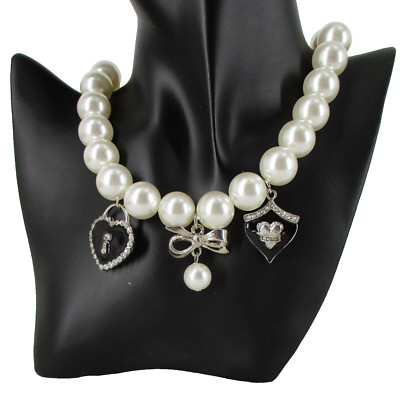 Express 18'' Enamel Hearts Bows Chunky Faux Pearls Necklace Rhinestones Silver