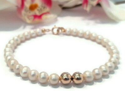 Freshwater Pearl Bracelet 9ct Gold Real Natural Pearls Gold Ball Beads, 7.5 inch