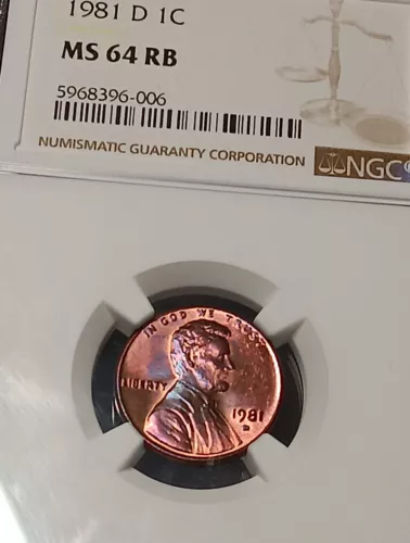 👉 1981-D - STUNNING EYE- APPEAL TONING -Lincoln Memorial Cent   NGC MS64  RB 