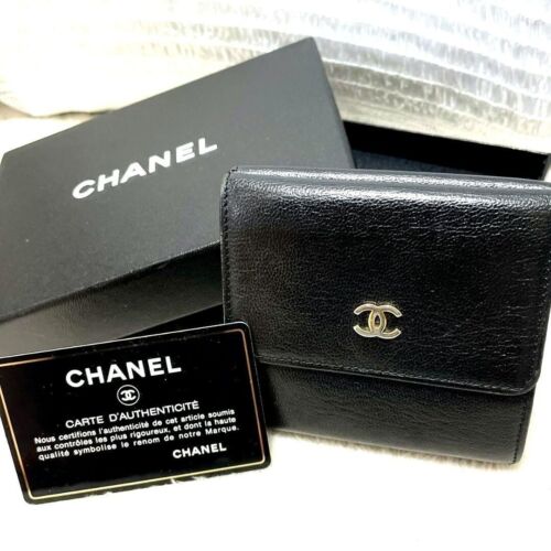 Authentic CHANEL Coco Mark Double Hook Tri-fold Wallet Black Leather w/Box