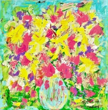 Pink And Yellow Flowers Still Life Original Impressionist Style Painting