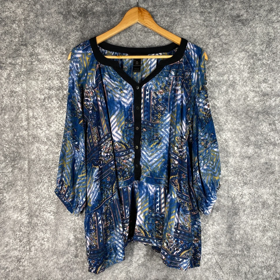 Ali Miles Shirt Women XL Blue Art to Wear Chevron Geometric Cold Shoulder Tunic - Image 2 of 4