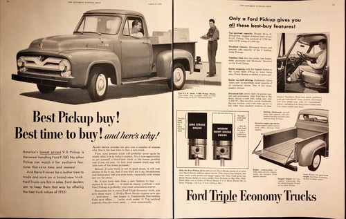 1955 Ford Triple Economy Pickup Truck 2 PAGE Print Ad Man Loading Truck