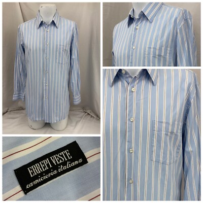 Errepi Veste Dress Shirt 16 33 Blue Stripe 100% Cotton Made In Italy YGI U1-736