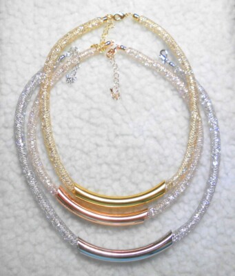 Netz mit österreichischer Kristallkette, 19'''' +2,5'''' lang. Silber, Gold, Rose (2C2)