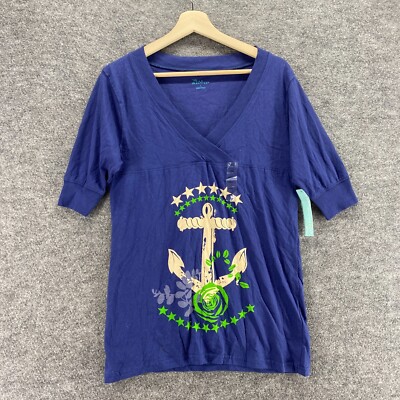 New PBX T-Shirt Women L Large Blue V-Neck Short Sleeve Pullover Cotton Casual