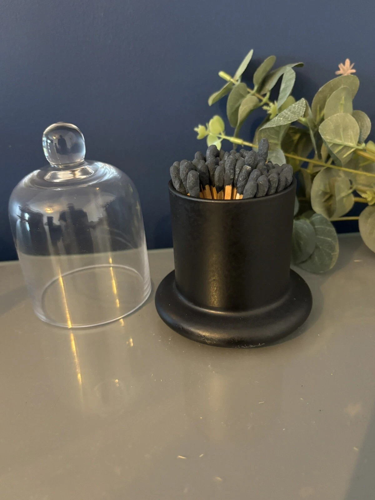 Large Black Tip Matches in A Glass Dome Cloche Bell Jar - Candle Care Decor