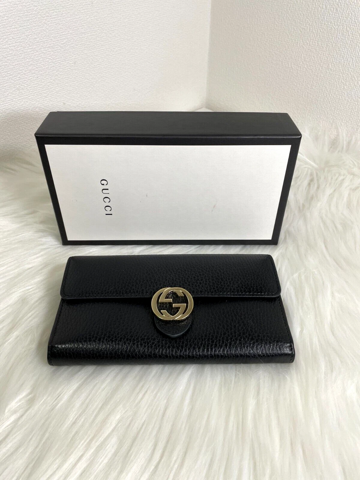 Portefeuille Gucci GG cuir caillou noir imbriqué authentique
