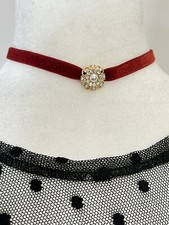 Gold CZ Choker Red Velvet Ribbon Necklace Gothic Victorian Edwardian Romantic