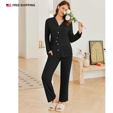 Women's Cozy Ribbed Notch Collar Long Sleeve Shirt and Pants Pajama Set L