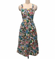VTG Apron Dress Pinafore Mid Length Flower Garden Plants Pockets READ Sz L