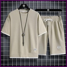 2025 new Summer Men's Waffle Sets Casual T-Shirt And Shorts Set Male Sports Suit