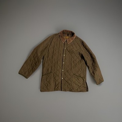 Mens Barbour Quilted Jacket Olive Green Corduroy Collar Tartan Lined Size XL