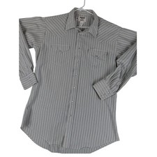 Vtg Ruddock Western Shirt Mens 18X36 Cream/Gray Striped Long Tail Pearl Snap