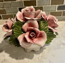 Vintage Capodimonte Italy Porcelain Pink Rose Flower Bouquet Centerpiece 7 Read