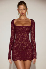 NWT POLLY Darla - Sheer Scalloped-Lace Long-Sleeve Mini Dress in Wine Red