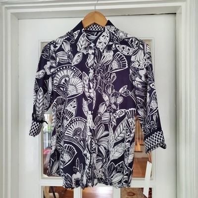 NWT Foxcroft Women Button Up Blouse Sz 2 3/4 Navy Floral 3/4 Sleeve Cotton Top