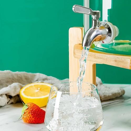 Getränkespender aus Glas mit Bambusständer 13,4 l Edelstahl Zapfhahn Eis Heißgetränk