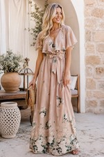 Show Me Your MuMu Maxi Dress M AUDREY Blush Floral Ruffle Wrap Front Chiffon