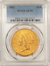 1852 $20 LIBERTY GOLD DOUBLE EAGLE - PCGS AU-55, NICE ORIGINAL!