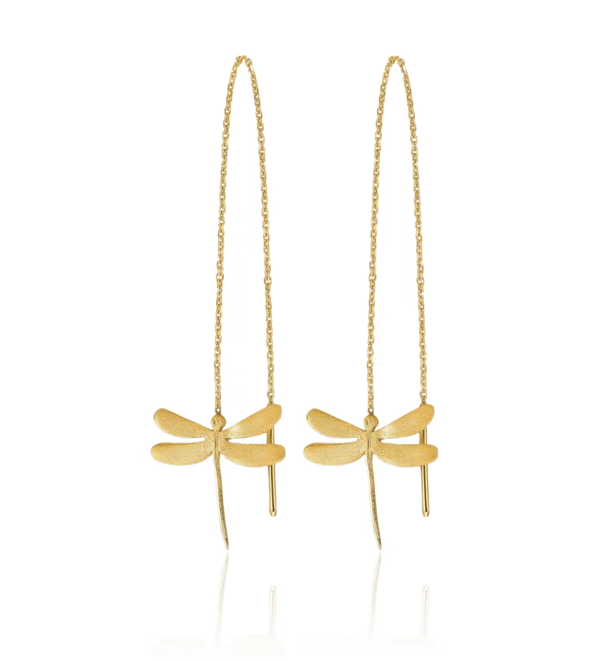 14K Solid Yellow Gold Dragonfly Studs Threader Earrings - Image 3 of 4