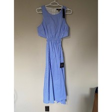 NWT Lulus Preppy Blue White Pinstripe Tank Cut Away Midi Maxi Length Dress Med