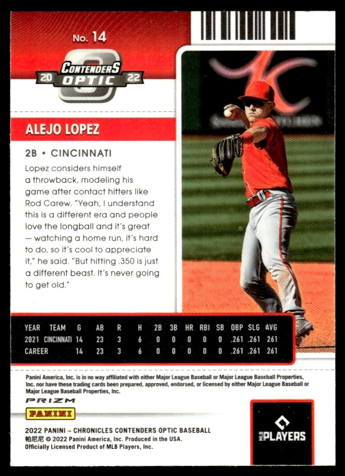 2022 Panini Chronicles Contenders Optic Alejo Lopez Cincinnati Reds #14 - Image 2 of 2